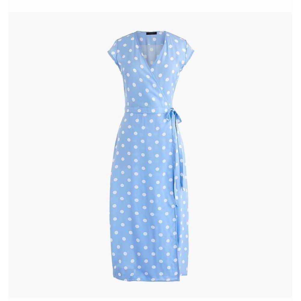 J.Crew Womens Blue Polka Dot Viscose Midi Wrap Dress Cap Sleeve Size L